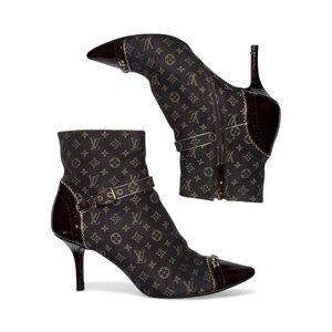 Louis Vuitton Mini Lin Monogram Ebene Canvas Booties Brown Gold EU 37.5 Vintage